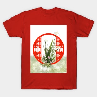 Watercolor irises with a red zen circle lattice T-Shirt